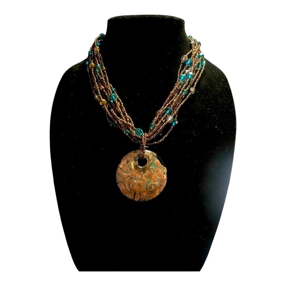Jewelry - 🕸️Vintage Rustic Boho Charm Multistrand Beaded Necklace W/ Glass Artisan Pendant